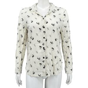 Topshop Top Womens 8 Ivory Cream‎ Black Pandas Button Up Sheer Novelty Preppy